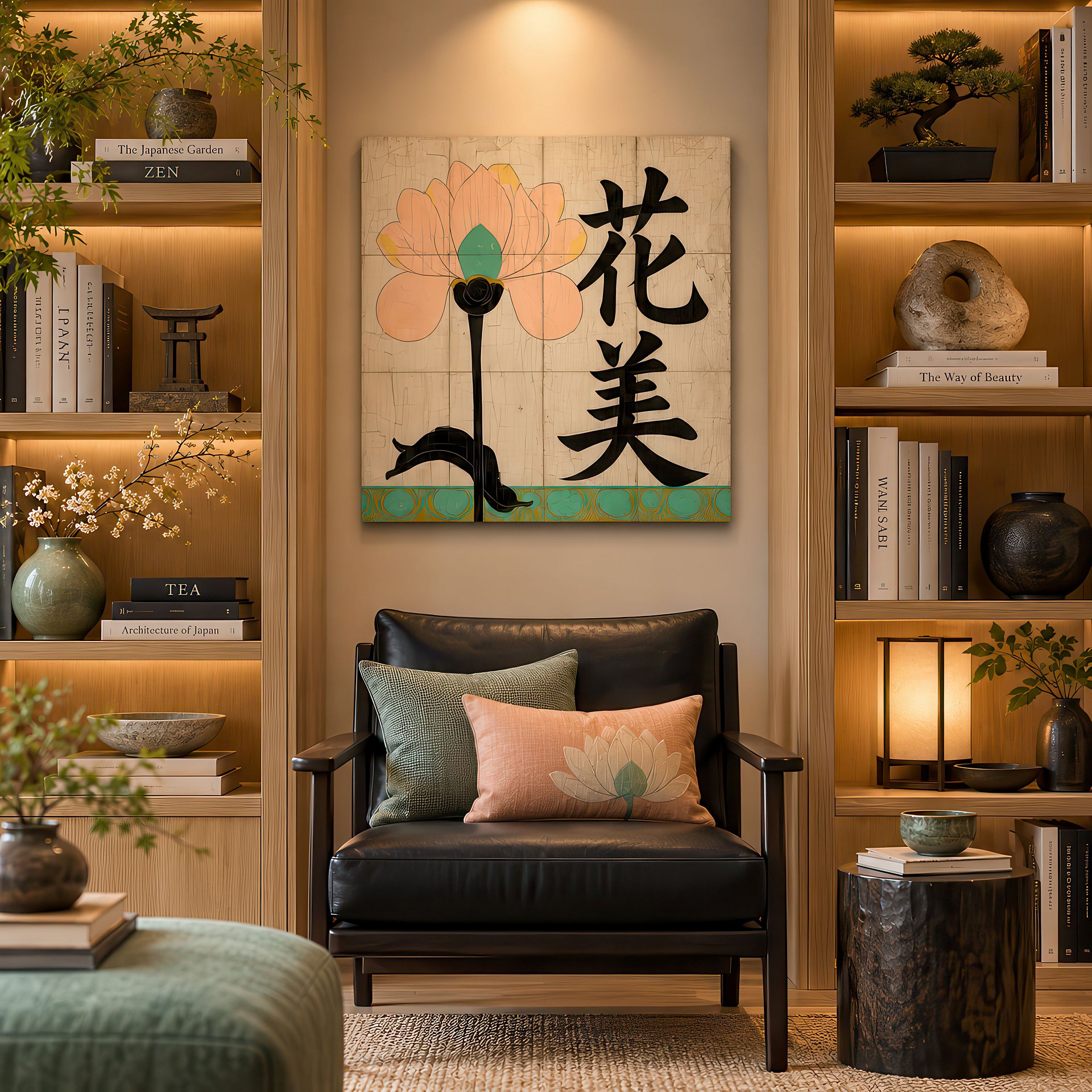 The Jade Lotus | Japanese Birch Wood Art Panel | Wall Decor | 24×24″ (60x60 cm) product image (6)