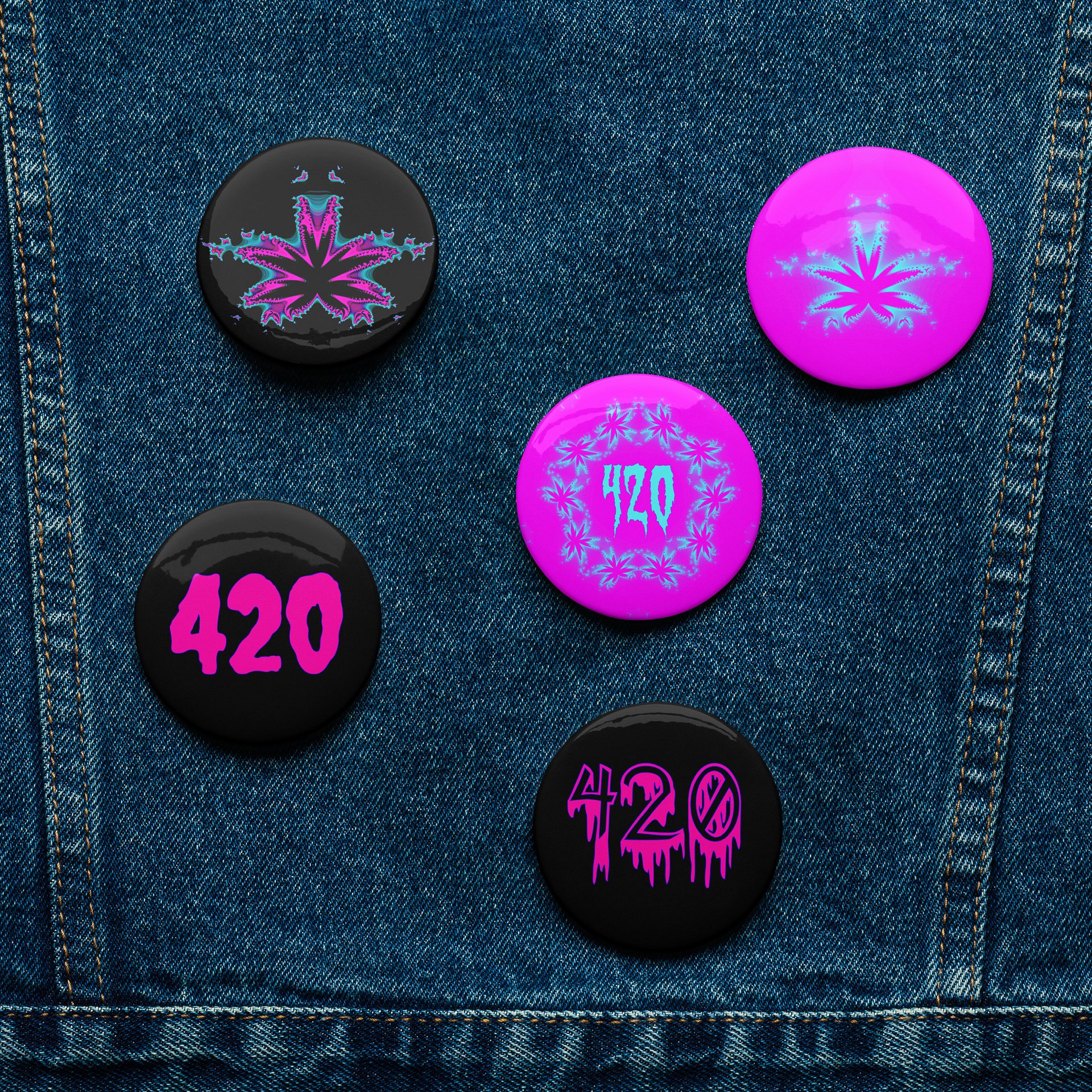 Creepy Cannabis 420 Pins, Black Blue Pink Pot Leaf Art Pin Button Set product image (4)