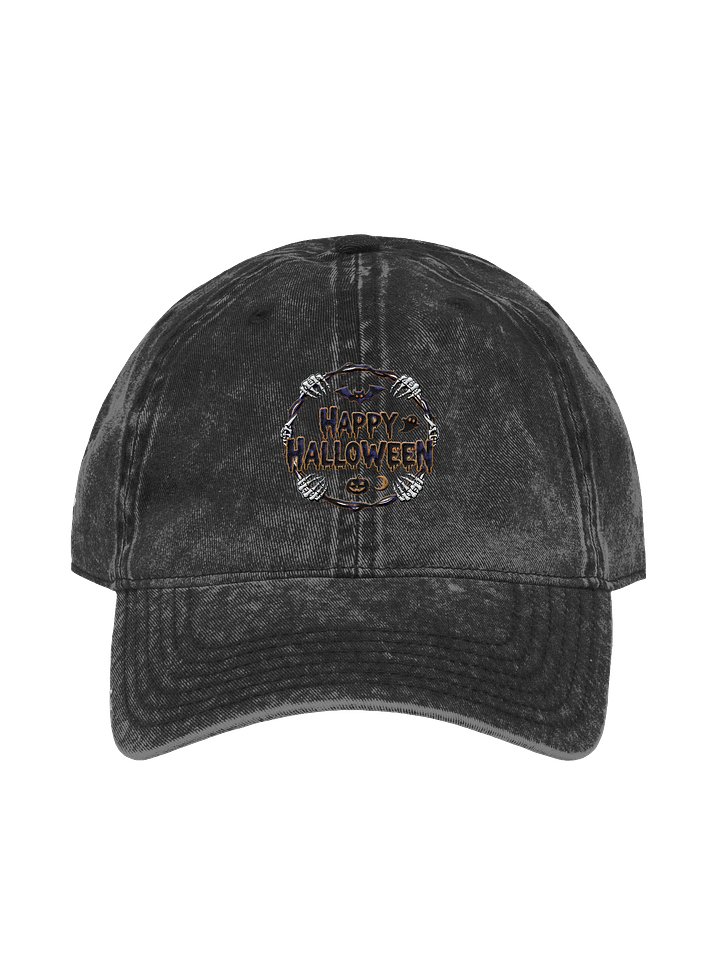 Happy Halloween Embroidered Hat – Vintage Black Baseball Cap with Spooky Skeleton & Pumpkin Design product image (1)