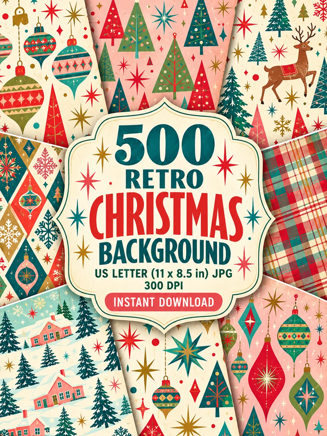 500 Retro Christmas Backgrounds, Kitsch 1950s Atomic Holiday Digital Paper Pack, Vintage Ornament Patterns, Printable Scrapbook JPG Download product image (1)