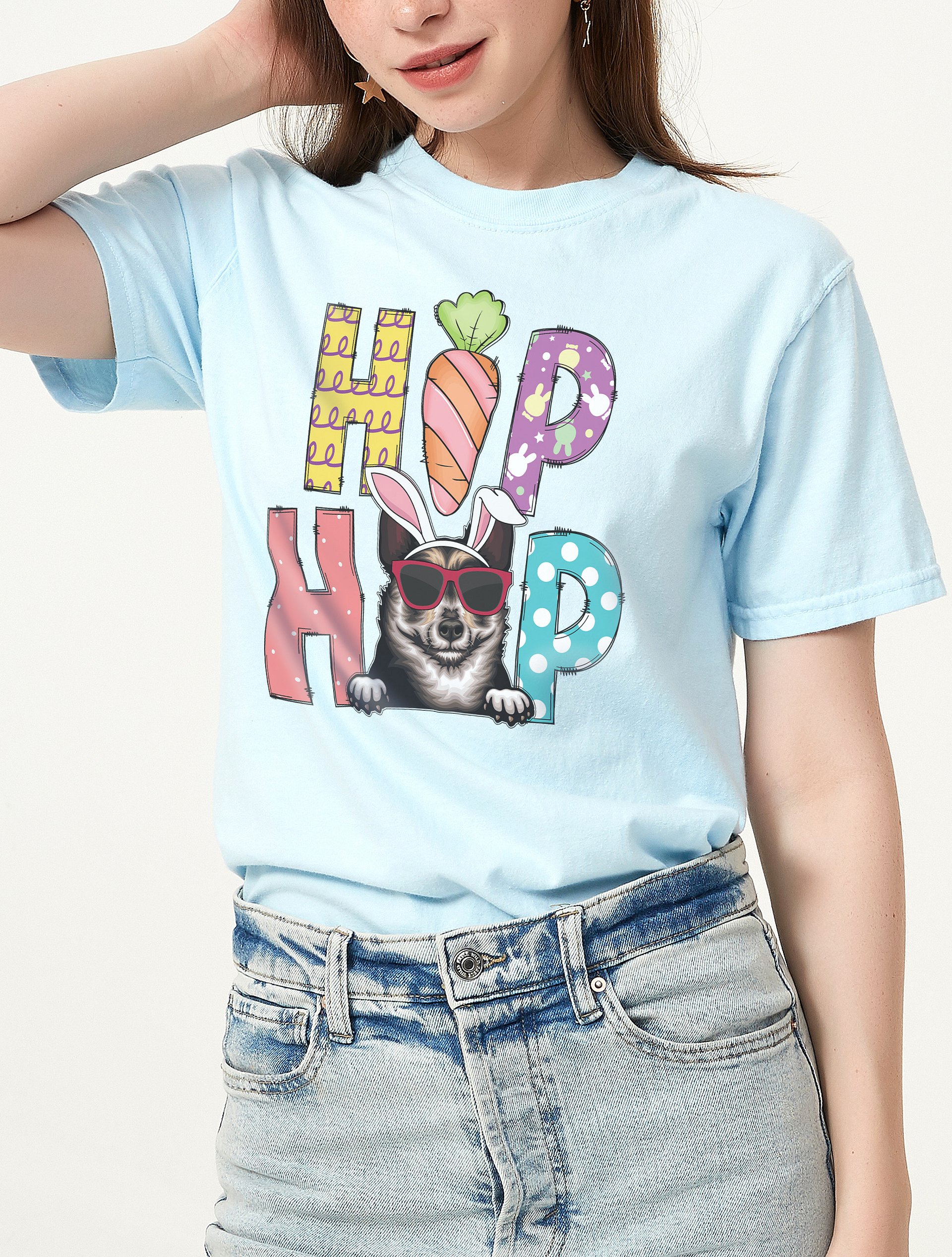 Hip Hop Easter Swedish Vallhund T-Shirt | Cute Easter Day Swedish Vallhund Wearing Bunny Ears and Sunglasses product image (6)