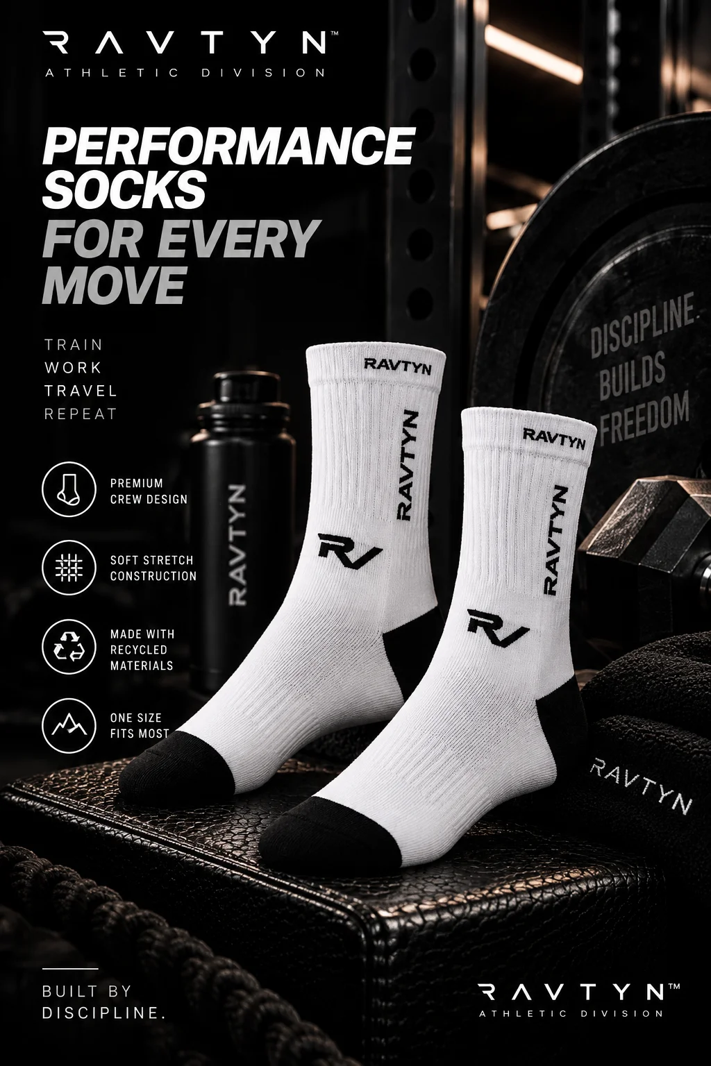 RAVTYN Essential Performance Crew Socks — White/Black product image (1)