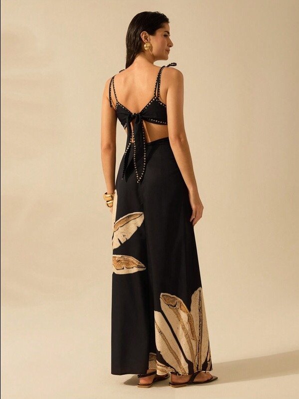 ADLEST Women Boho Banana Tree Print, Hollow Waist Back Binding Sleeveless Black Dress, Holiday Casual Summer Dress product image (2)