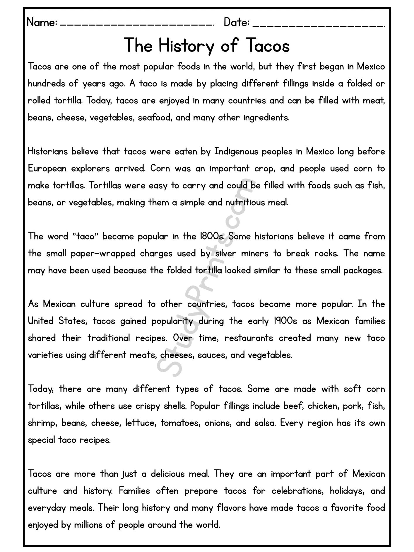 The History of Tacos Reading Comprehension Passage and Questions | Printable PDF product image (2)