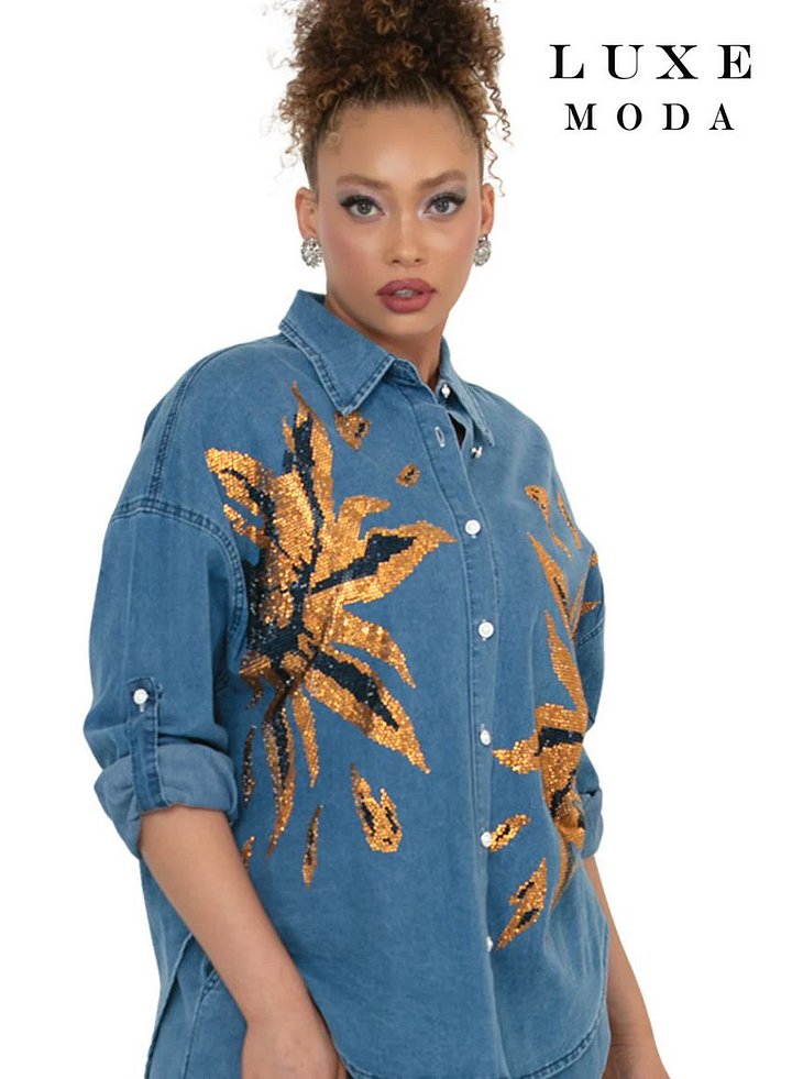 Amber Sequin Floral Denim Top & Pant Set - 2pc Opulent Suit product image (2)