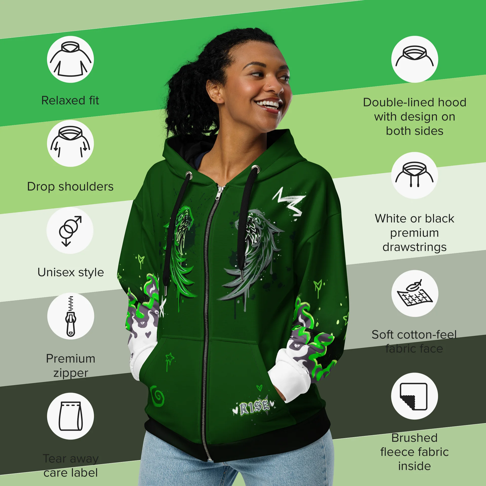 RISE Collection: Subtle Aromantic Pride Phoenix Zip Hoodie - GREEN product image (5)