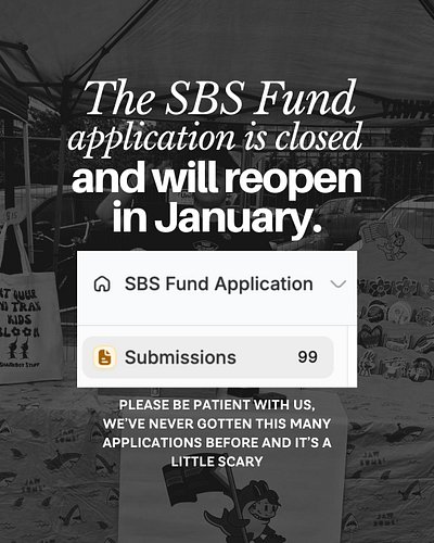 The SBS Fund application is closed and will reopen in January.

We received 99 applications and in order for me to give each ...