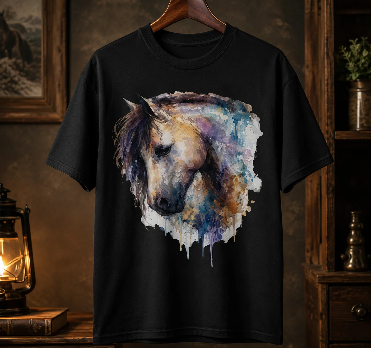 Watercolor Horse Portrait Graphic Tee | Artistic Equestrian Shirt product image (1)