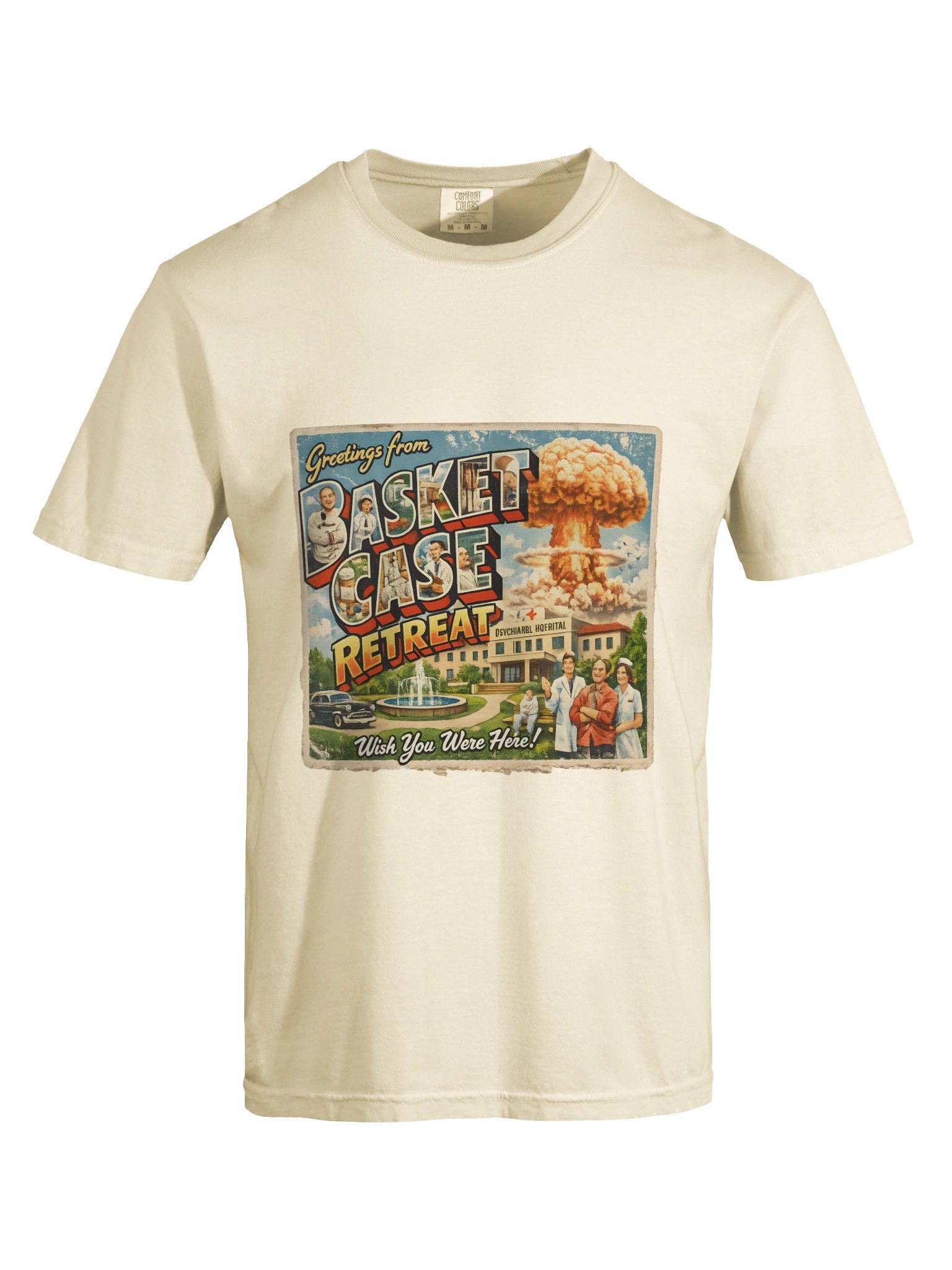 Basket Case Retreat Tee – 90s Retro Apocalypse Postcard Shirt product image (6)