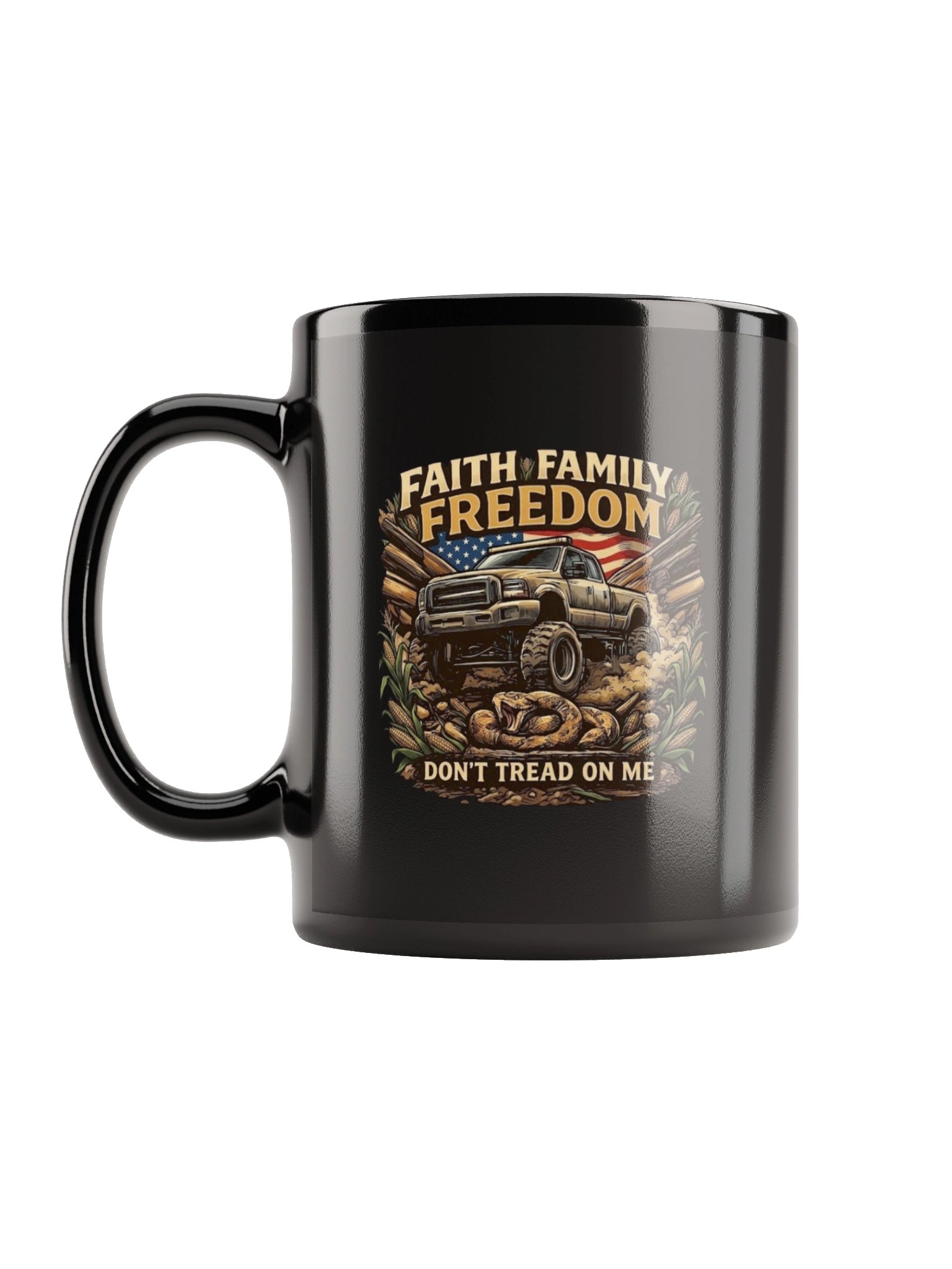 Faith Family Freedom — Black Glossy "Don't Tread On Me" Truck Mug product image (1)