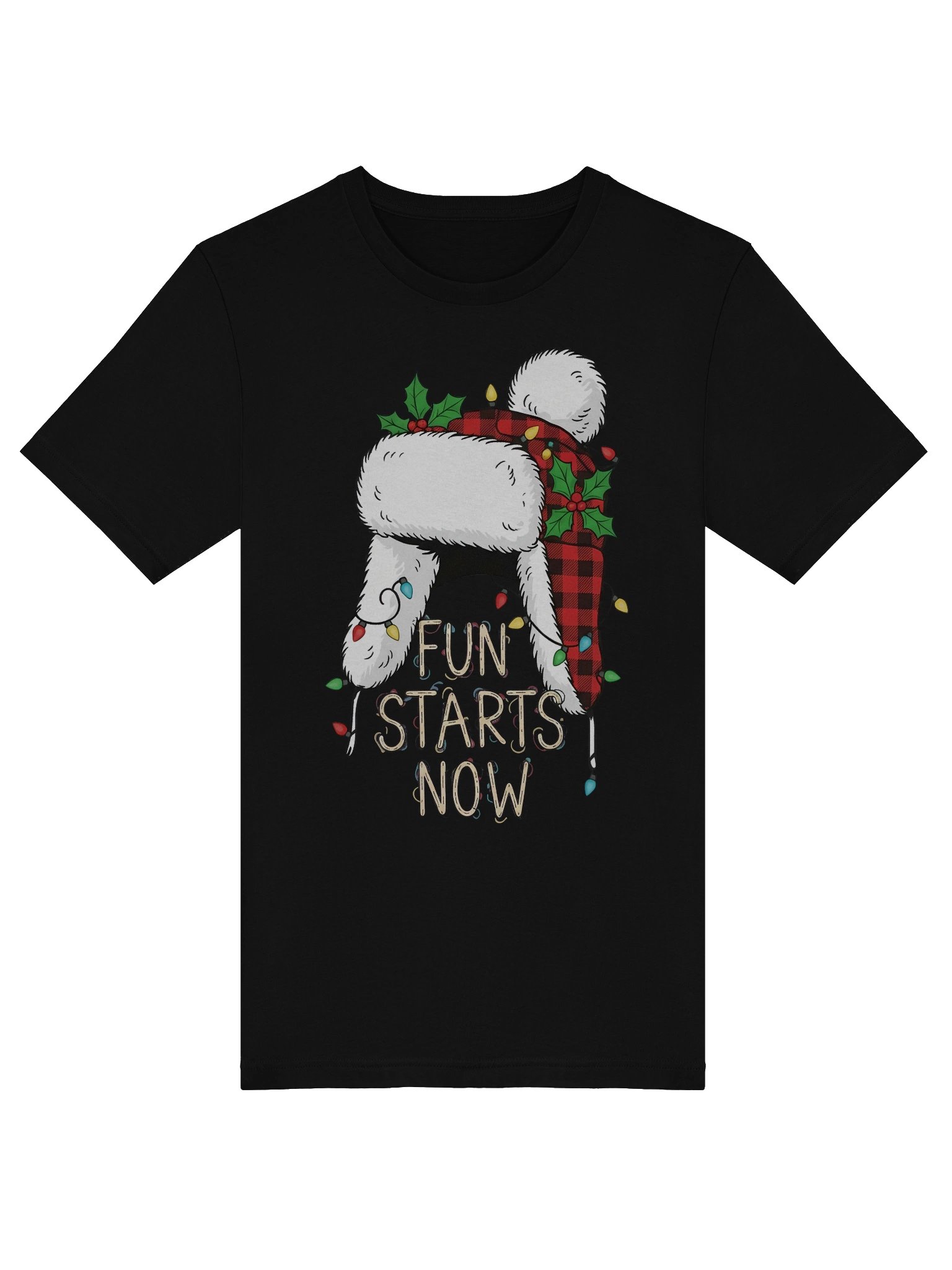 Funny Christmas Hat T-Shirt – “Fun Starts Now” Holiday Plaid Winter Hat Tee – Cozy Festive Lights & Holly Xmas Shirt product image (22)