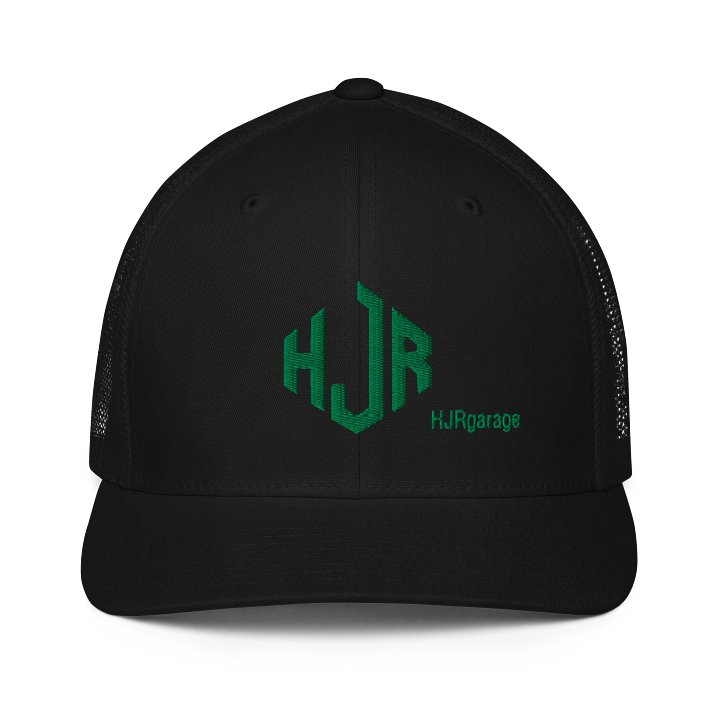 HJR Flexfit Trucker Hat, Green Logo on a Black Hat product image (1)