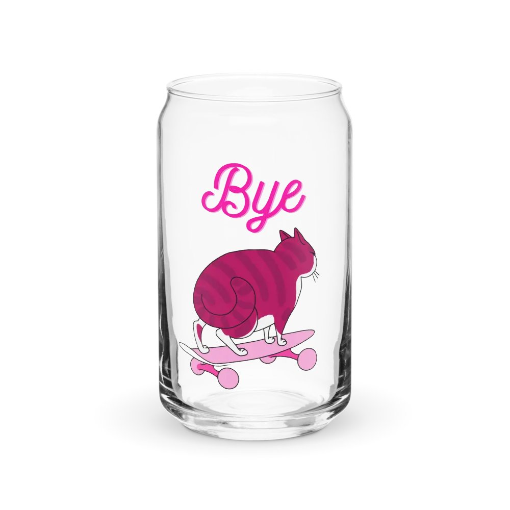 "Bye" Pink Skater Cat Can-Shaped Glass with or without Lid & Straw product image (1)