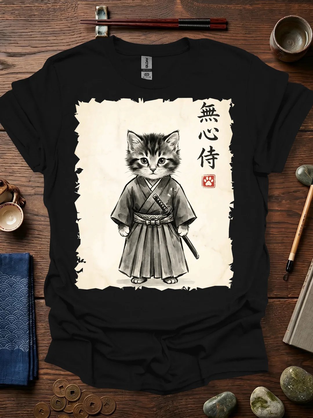 Gray Samurai Cat T-Shirt product image (11)