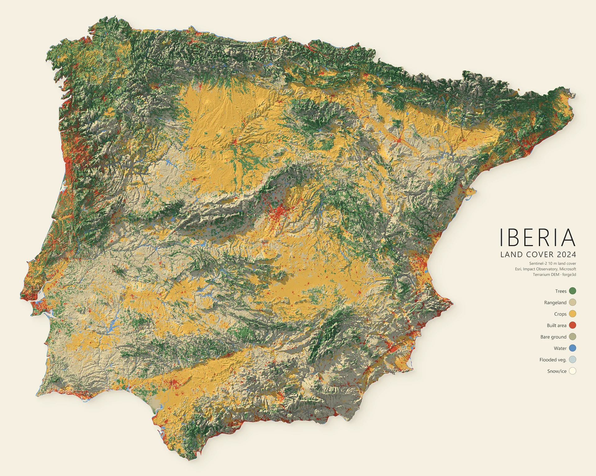 Iberia — Land Cover 2024 · 3D Relief Map Poster (Printable Digital Download) product image (1)