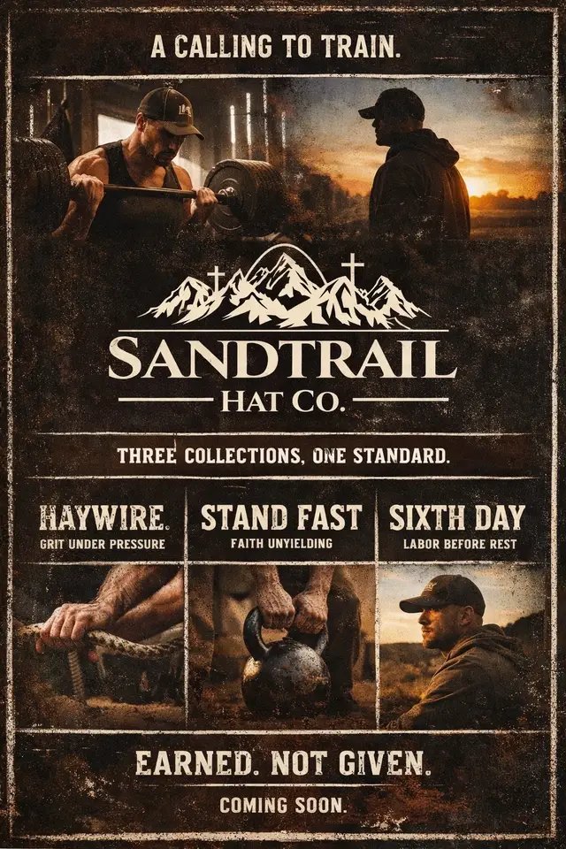 Life involves grit, hard work, and discipline. Even when the days are hard, the road is long, and the miles get tough remember that discipline comes from continuing when you feel like giving up.  SandTrail Hat Co is Introducing IRON & STEWARD, a gym apparel line forged from Discipline, Grit, Hard Miles, Faith, and Responsibility. Designed for those who understand that strength is earned not given. every stitch and collection is designed for those who walk the long miles even when no one is watching. the motto is “One line One Standard”. One gym line with one standard of building strength while building your faith and striving to be Gods strongest soldier.  3 Collections: The Haywire Collection — For the grit that shapes you even when you get tired and feel like giving up The Stand Fast Collection — For those who choose discipline and discomfort over defeat and pain The Sixth Day Collection — For the work that comes before rest. the work given to those who choose to stay focused, work hard, and continue to do Gods work.  This isn’t fitness for vanity. This is training as stewardship. Strength with meaning. Work with purpose. And it’s COMING SOON.