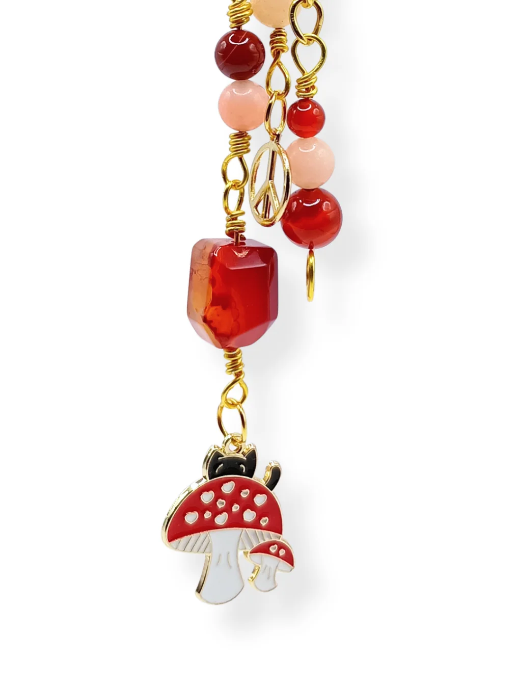 Black Cat & Mushroom Purse Charm | Carnelian & Peach Aventurine, Gold-Tone | "Happy Camper" product image (4)