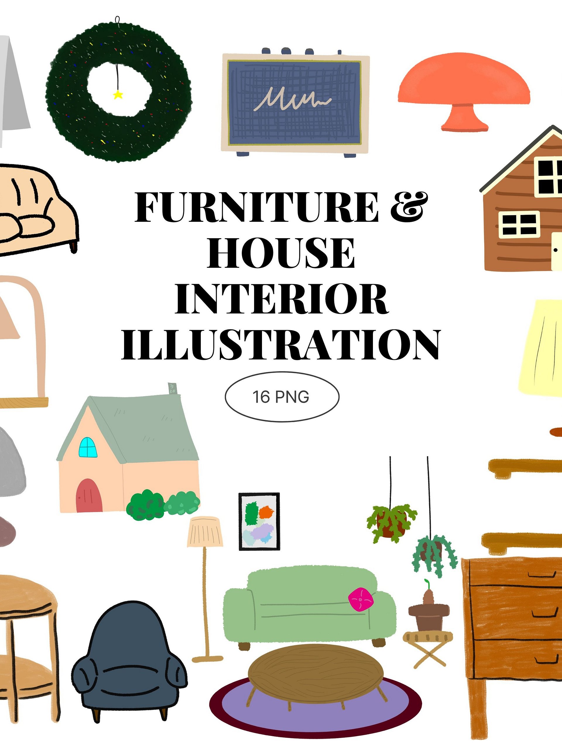 17 Hand-Drawn Furniture & House Interior PNG Clipart Bundle product image (2)