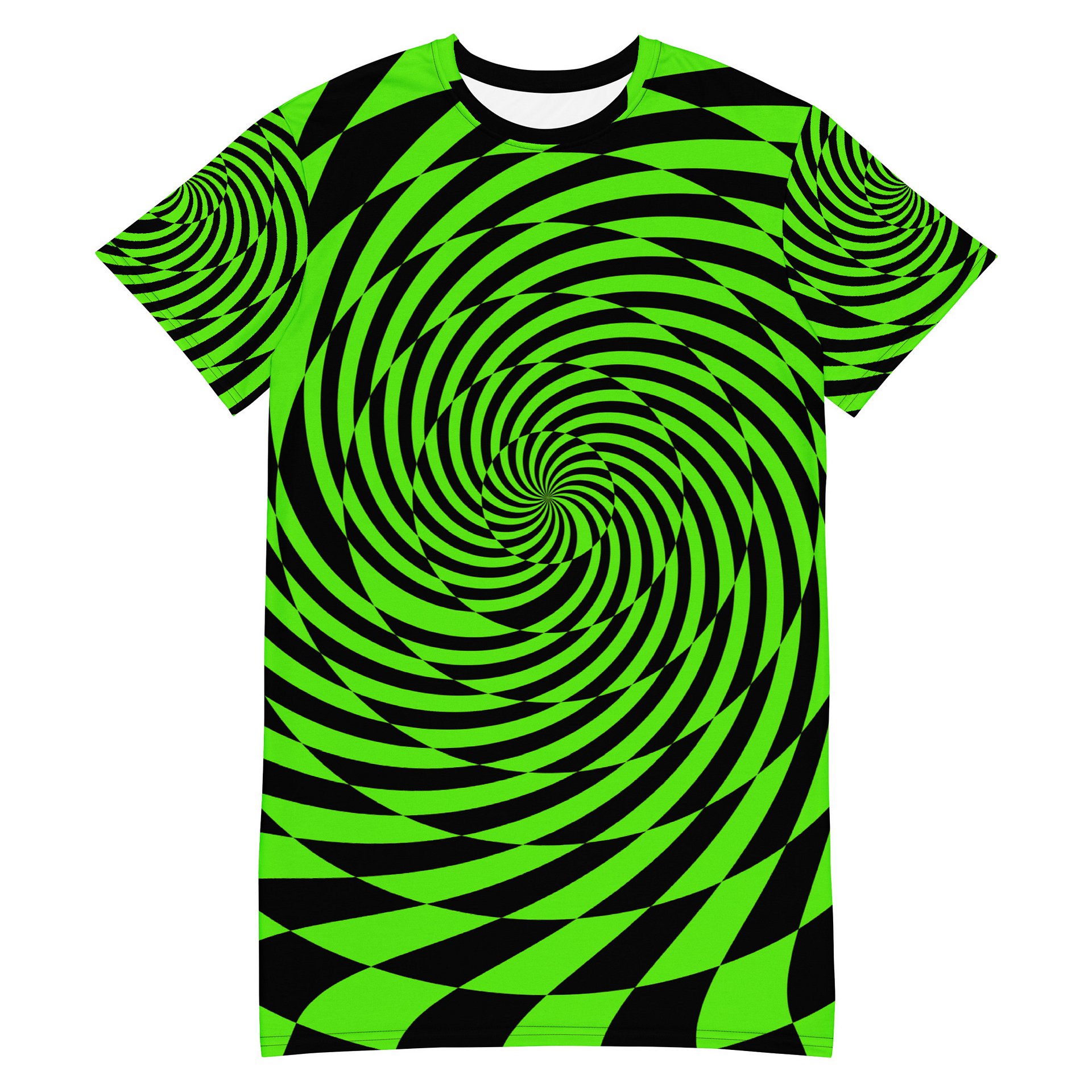 Trippy Rave Wear Spirals T-Shirt Dress, Psychedelic EDM Festival Outfit, Neon Green Black Alternative Fashion, Dance Party Checker Clothing product image (1)