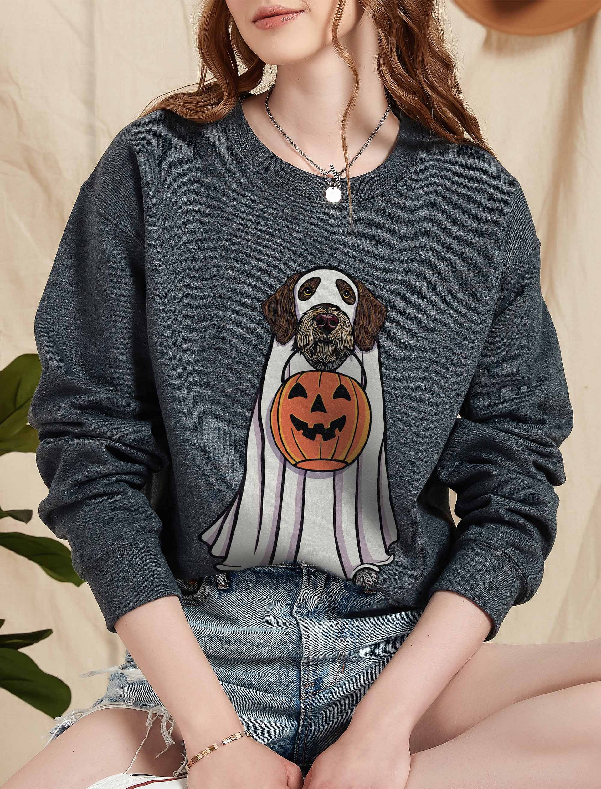Funny Halloween German Wirehaired Pointer Sweatshirt | Funny Dog Wearing a Ghost Costume and Holding a Pumpkin Basket product image (2)