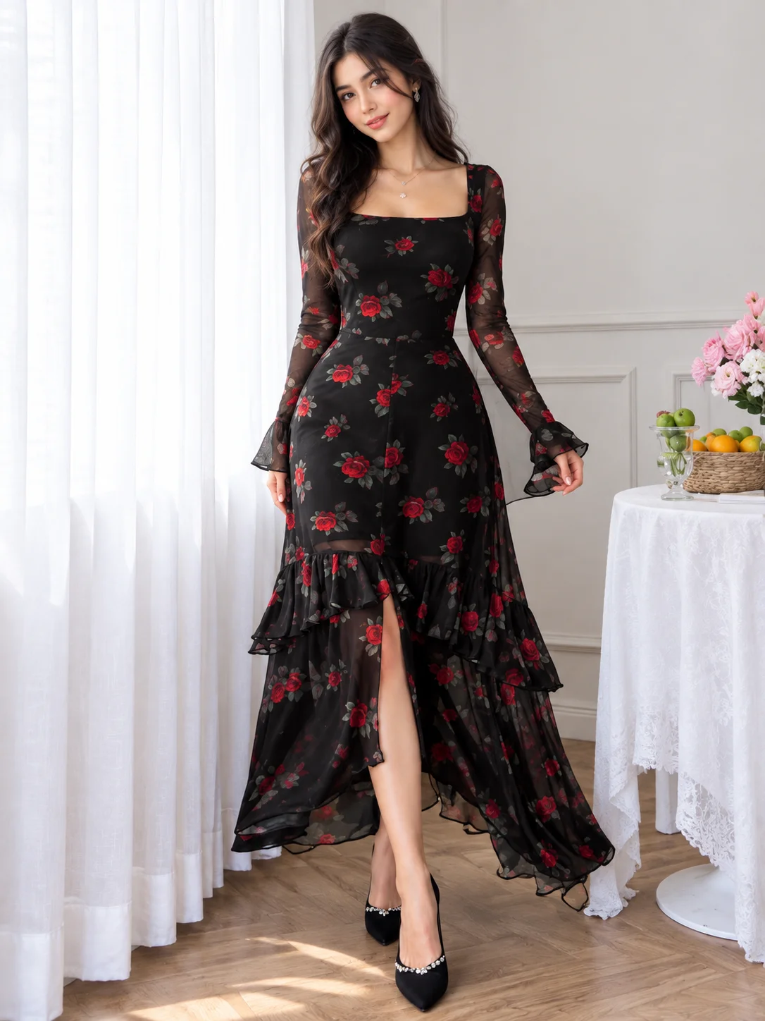 Women's Gothic Elegant Sexy Long Sleeve Modern Romantic Ruffle Floral Sleeve Abstract Print Dress Spring Vacation product image (2)