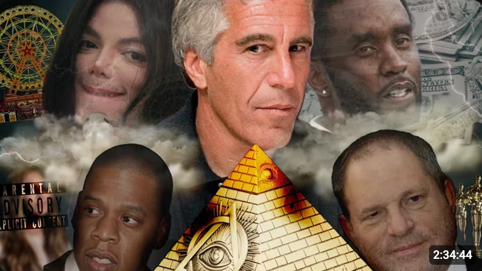 A youtube thumbnail from Tee Noire, it is a collage of alleged predators MJ, Epstein, Jay Z, Weinstein and Sean Combs. 
