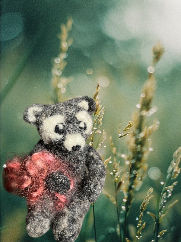 Needle Felted Raccoon - Tiny 3" Forest Friend with Red Bouquet - Miniature Solid Wool Sculpture product image (1)