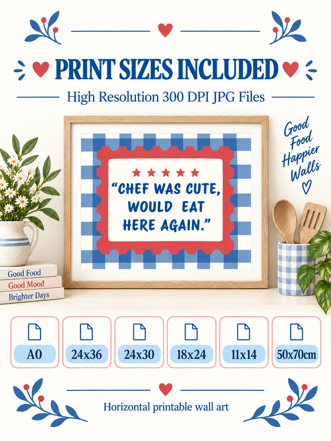 Chef Was Cute Printable Kitchen Wall Art | Funny Restaurant Review Quote | Retro Gingham Poster | Blue Red Dining Decor | Digital Download product image (10)