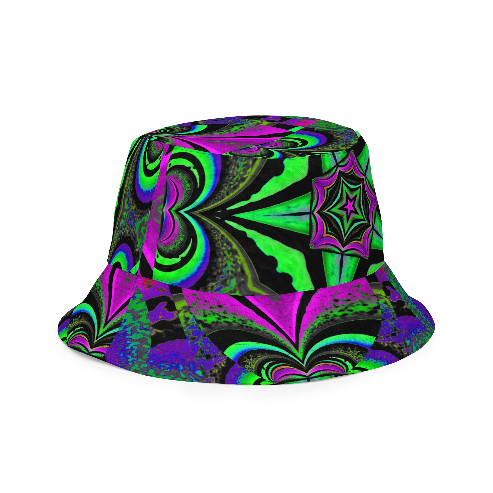 Psychedelic Stoner Raver Reversible Bucket Hat, Weird Weed Leaf 420 Festival Fashion Accessory, Kaleidoscope Star Trippy Cannabis Art product image (3)