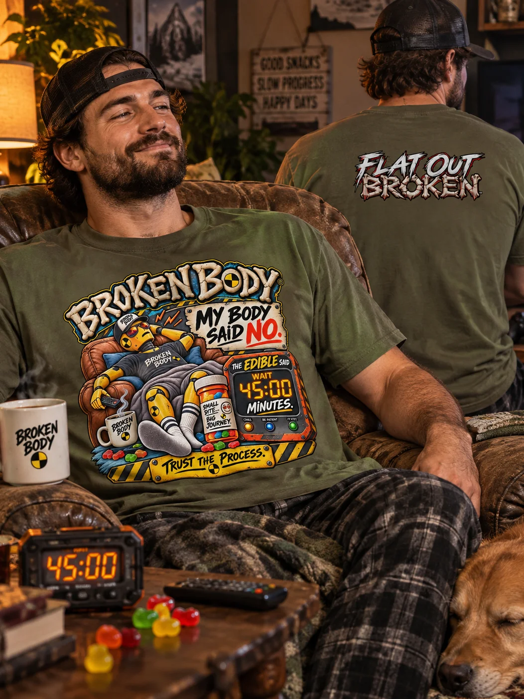 Funny Edible THC Shirt — My Body Said No, The Edible Said Wait 45 Minutes | Flat Out Broken™ product image (1)