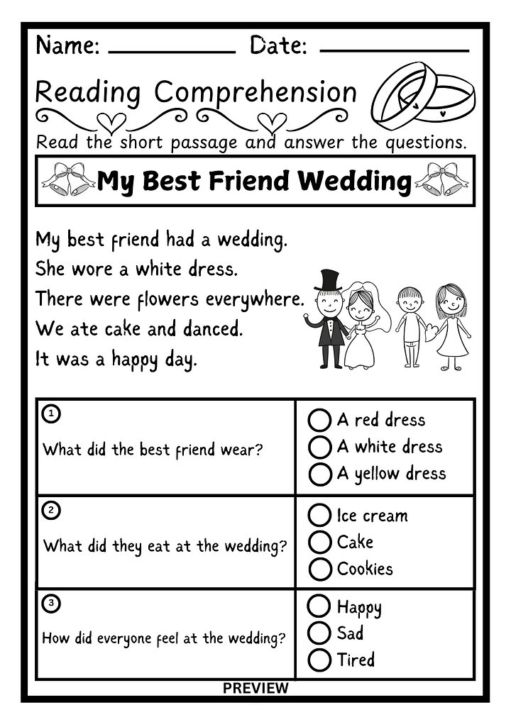 My Best Friend’s Wedding - Kindergarten Reading Comprehension Worksheet product image (1)
