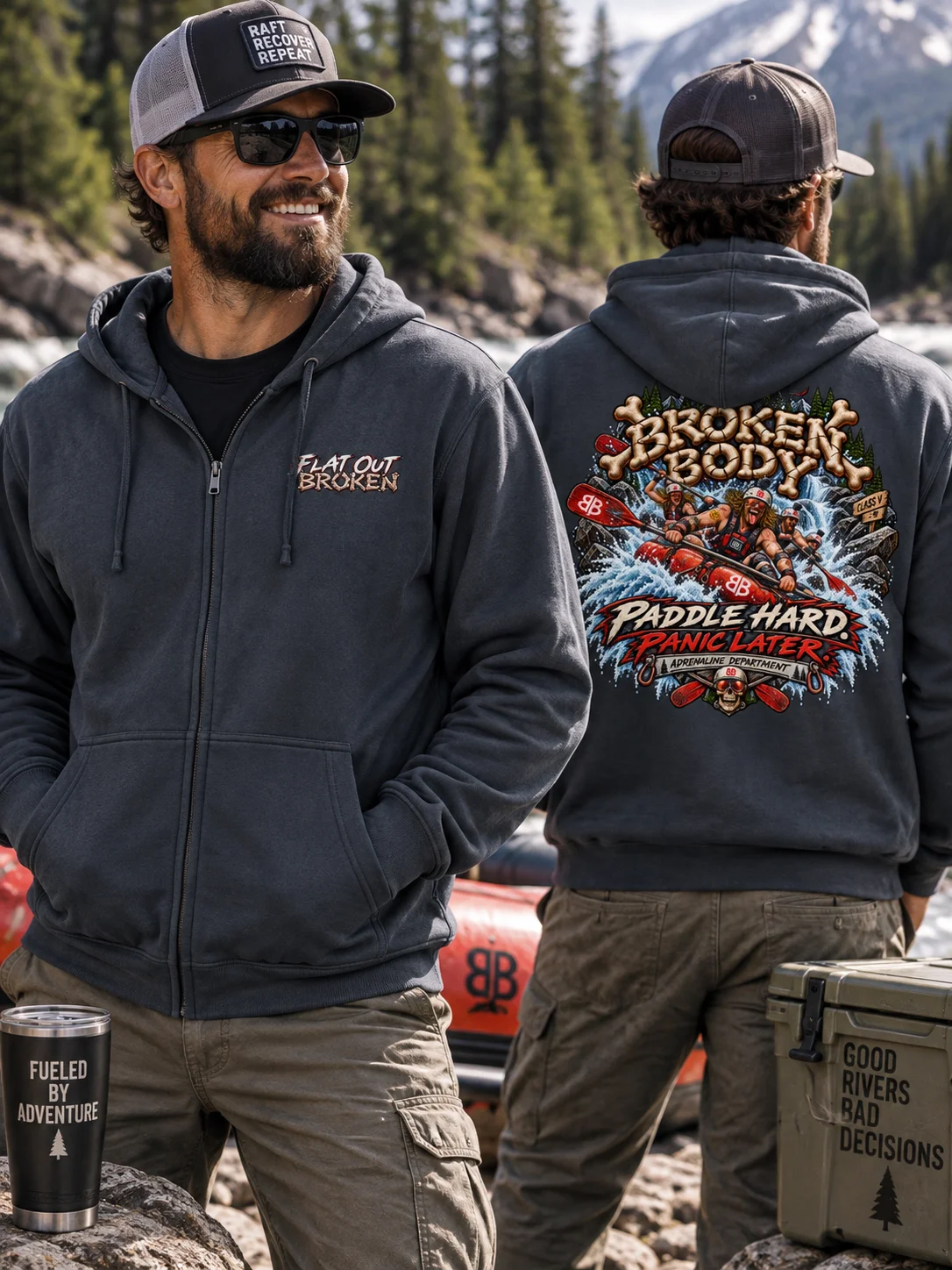 Whitewater Rafting Hoodie — Paddle Hard, Panic Later Full-Zip Hoodie | Flat Out Broken™ product image (1)