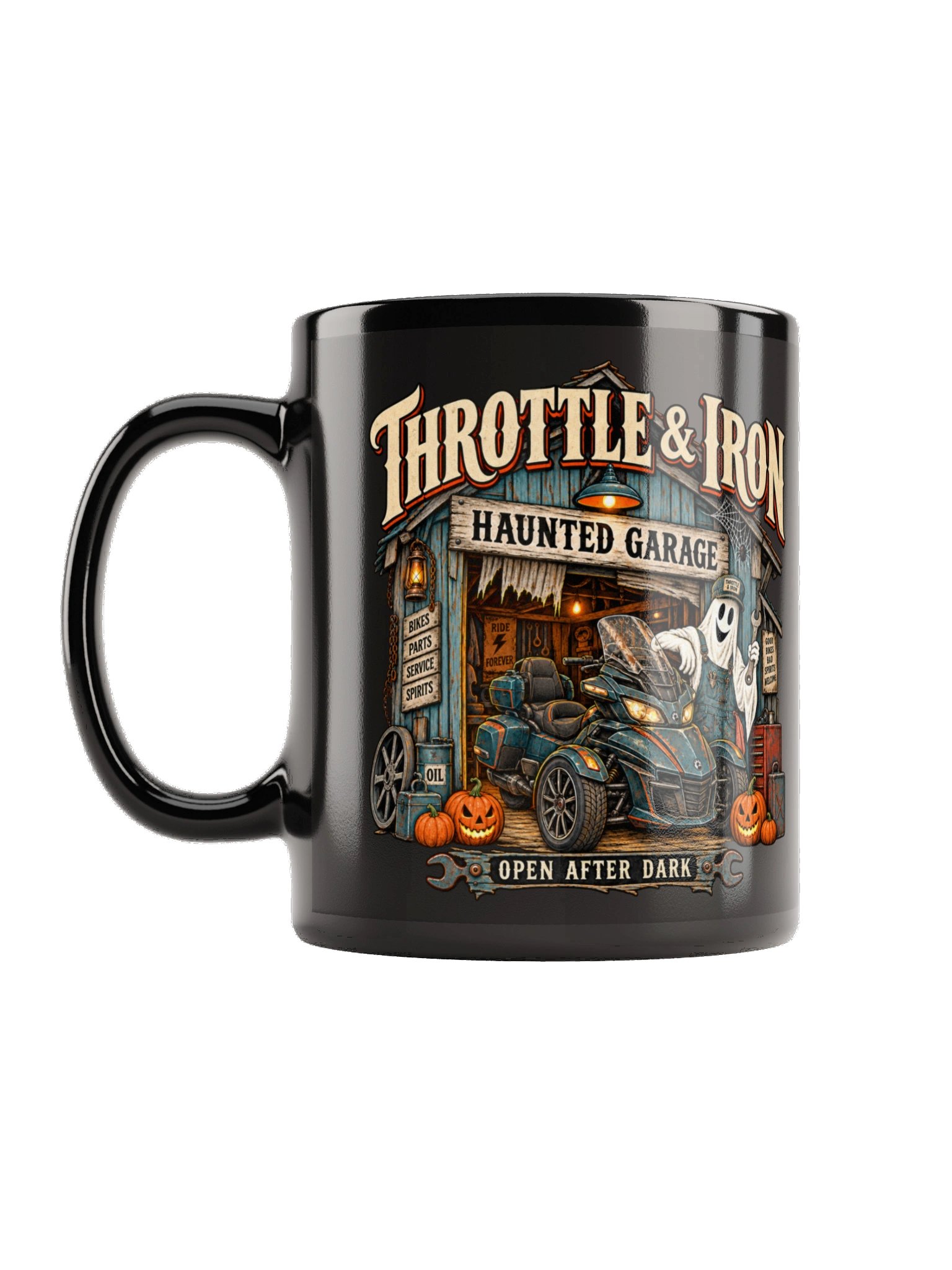 Throttle & Iron Haunted Garage Halloween Mug product image (1)