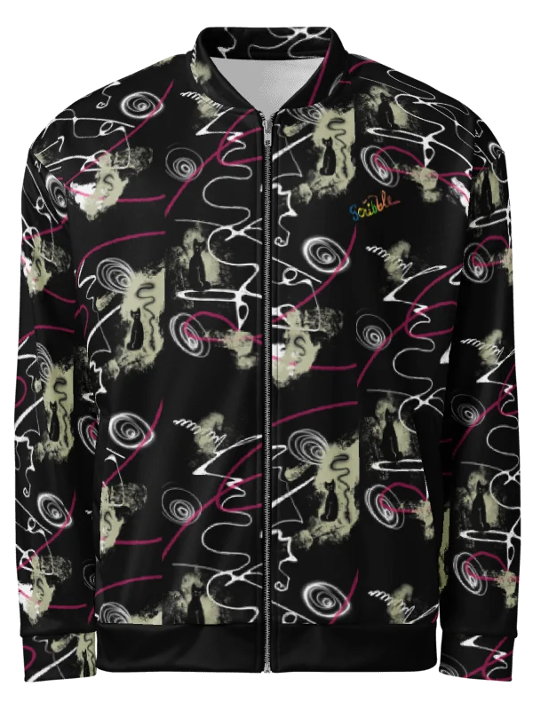 Unisex Bomber Zip Jacket 'Black Cat Scribble' product image (1)