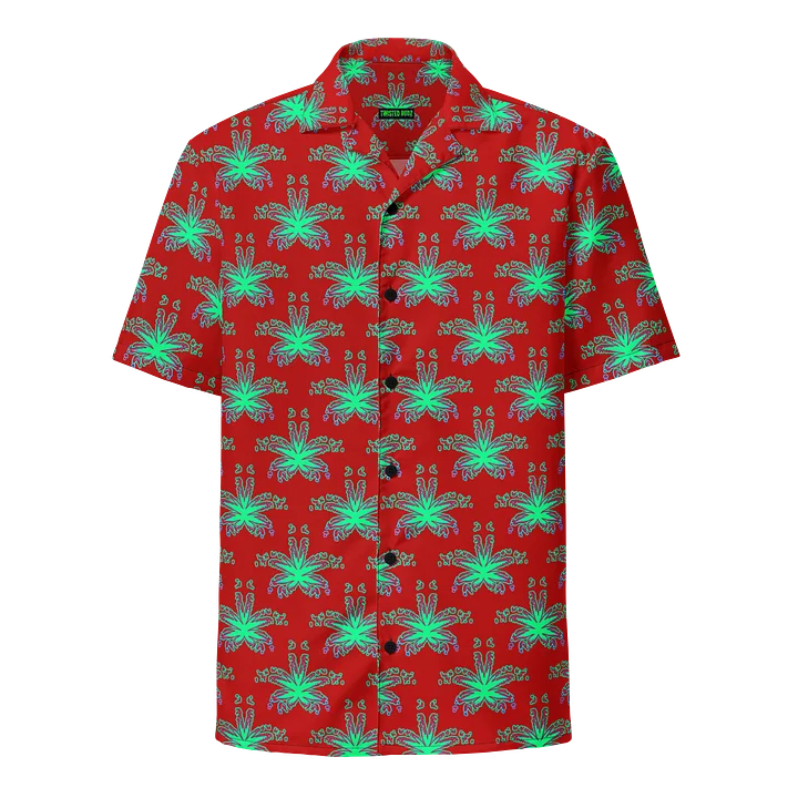 Red Weed Leaf Cannabis Beach Button Shirt, 420 Summertime Stoner Festival Clothing, Green Ganja Pot Leaves Pattern Weedy Weirdo Fashion product image (1)