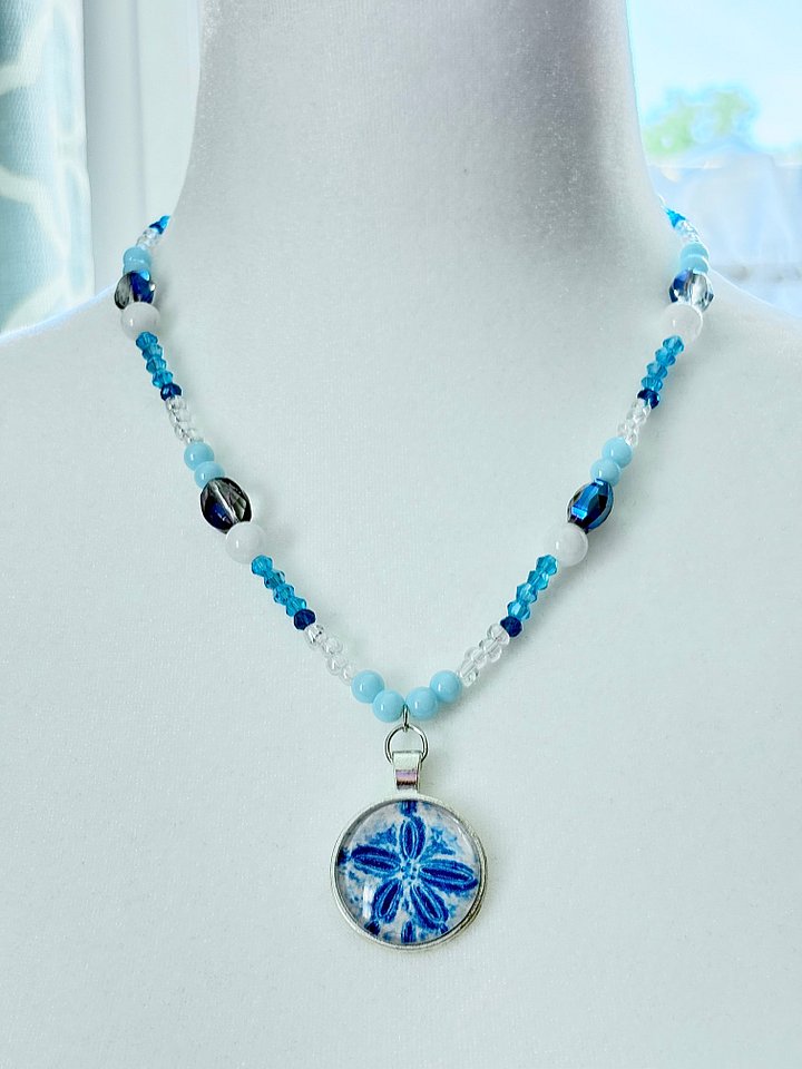 MFD-00042 | Blue Sand Dollar Print | Handmade & Fully Beaded Pendant Necklace | by Monique Faella Designs™ product image (1)