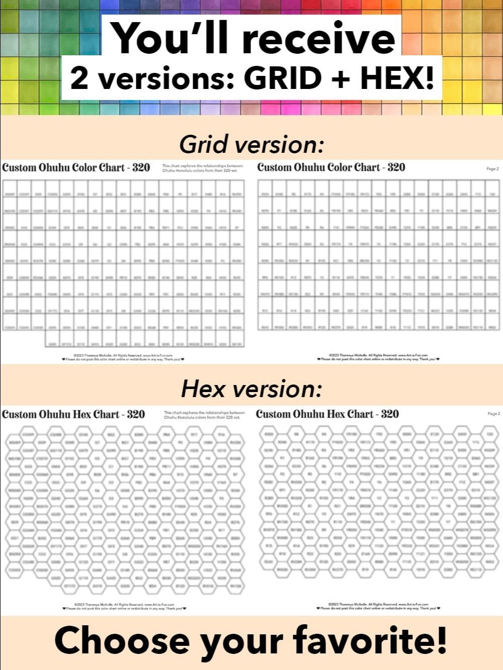 Ohuhu Color Chart - 320 Honolulu Colors (NEW + OLD) in Chromatic Order (Hex + Grid) product image (3)