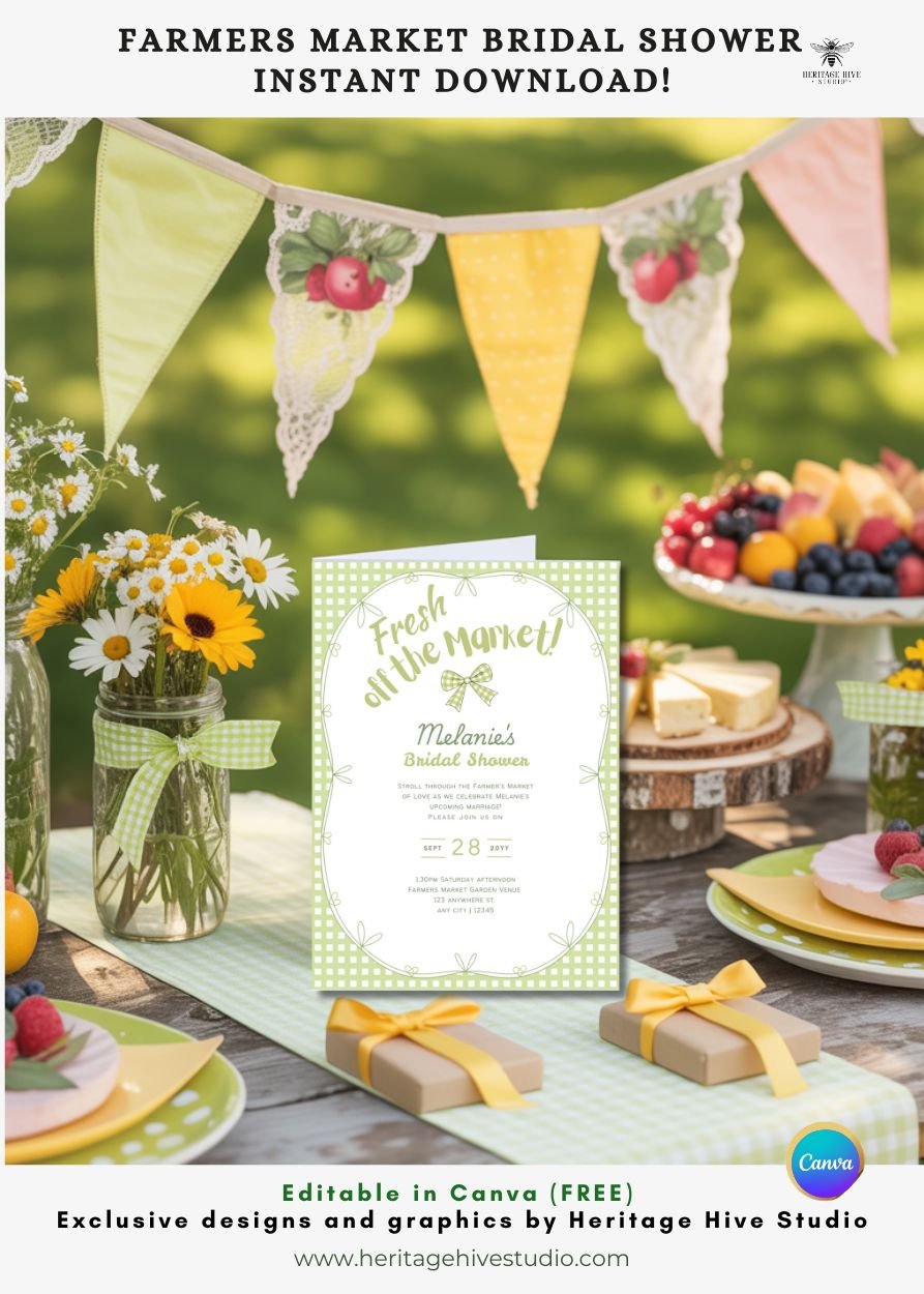 Fresh off The Market - Farmers Bridal Shower Invitations | Instant Download | Bows Lime Gingham product image (2)
