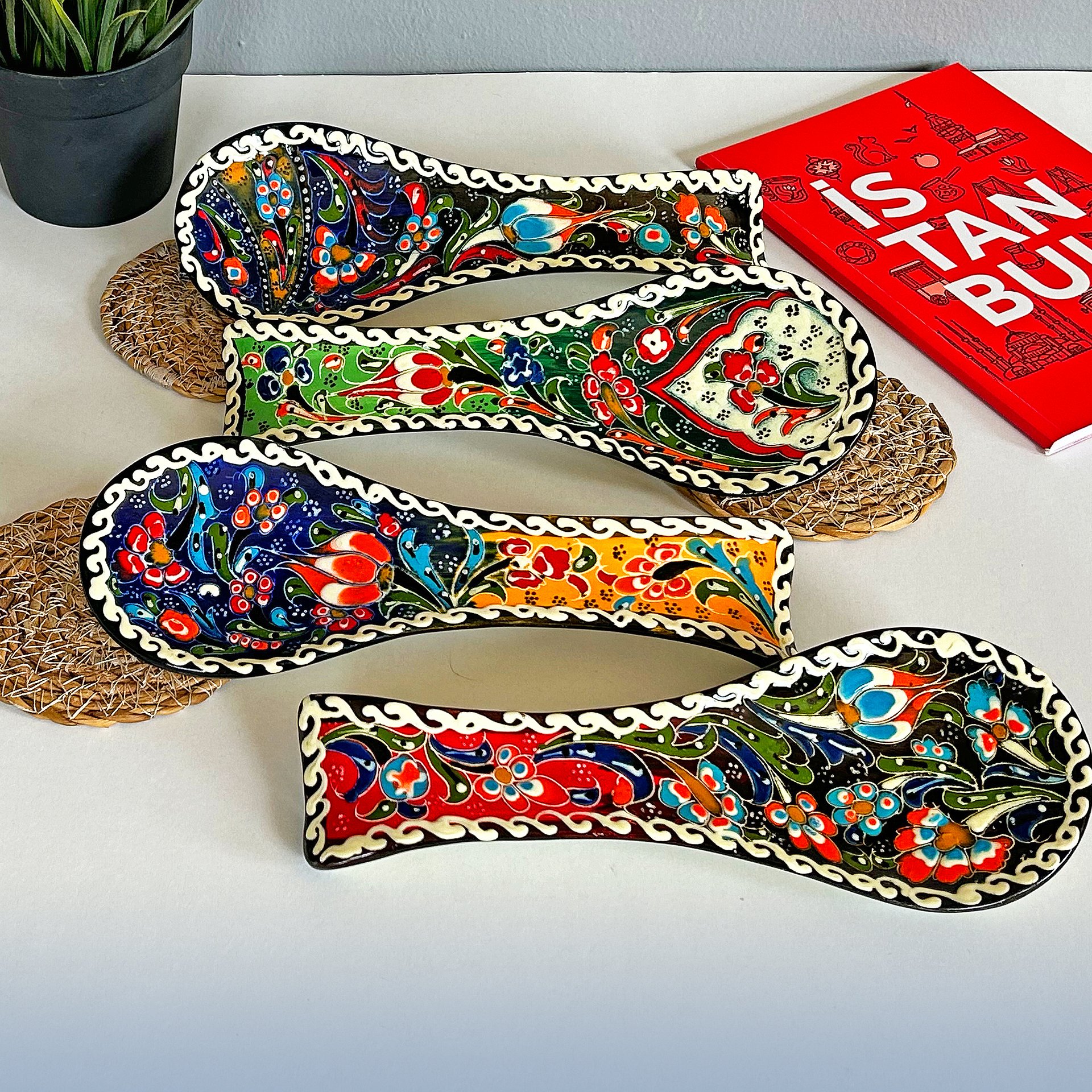 Ceramic spoon rest (Iznik style, blue-yellow) — handmade pottery product image (3)