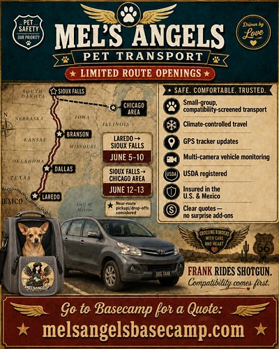 Mel’s Angels Pet Transport has limited possible openings on an upcoming U.S. route.

June 5–10: Laredo, TX → Dallas → Branson...