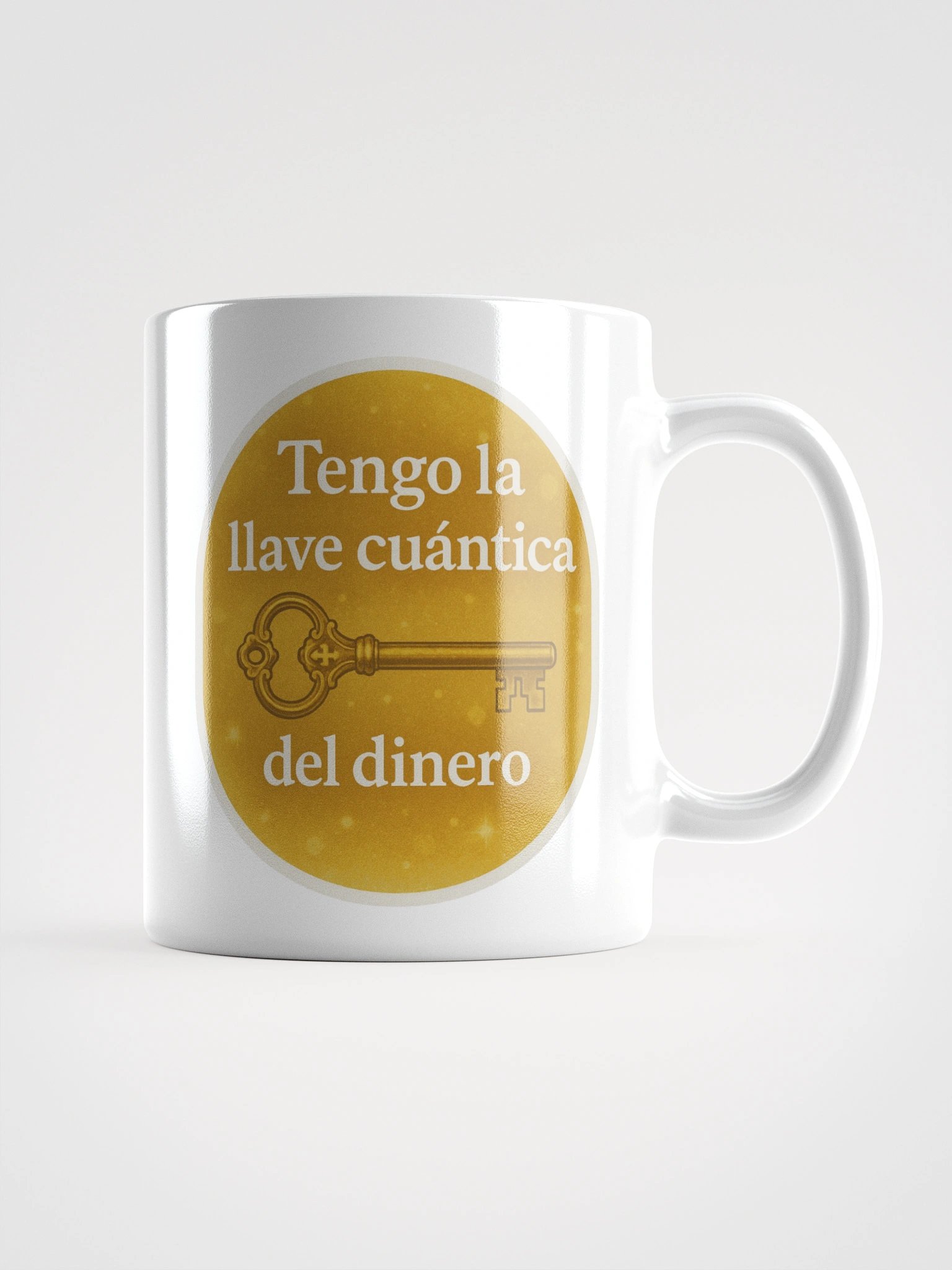 Taza blanca brillante con Llave Cuántica del Dinero product image (3)
