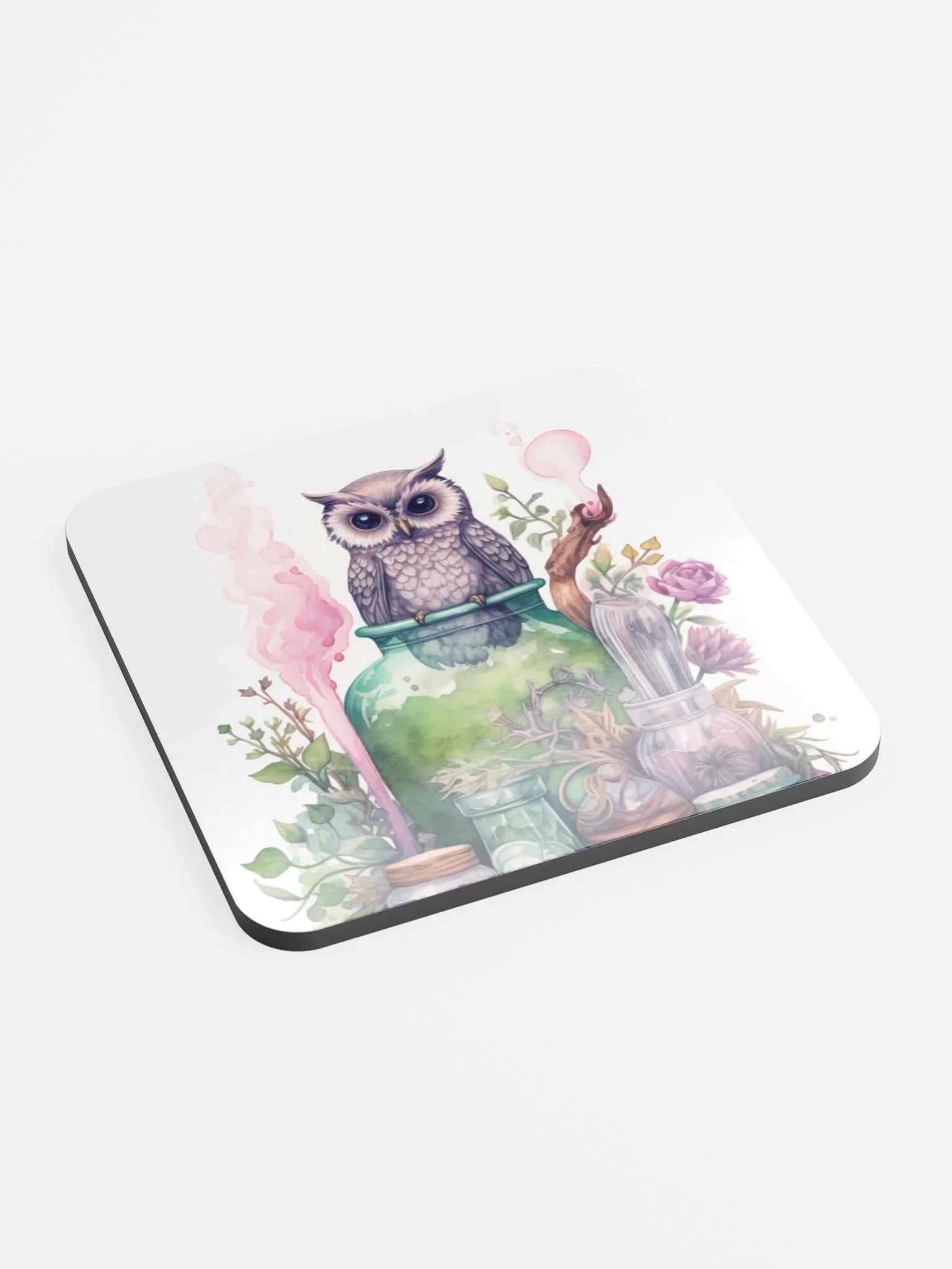 Glossed Cork Coaster 🦉 Peaceful Green with a Hint of Pink - Owls Vibes - Motif 3 product image (2)