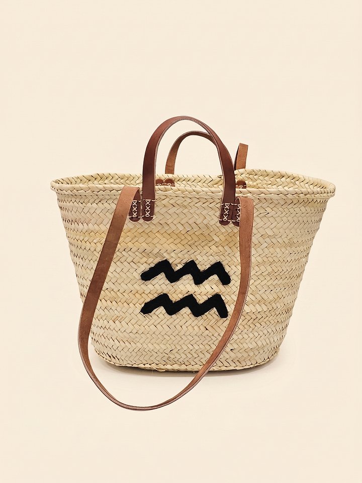 Handmade Straw Tote Bag – Aquarius Zodiac Monogram Market Basket product image (2)