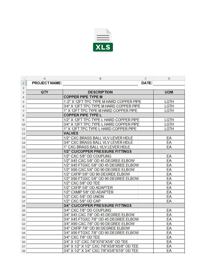Domestic Water CU BOM MS Excel Template No. 1 product image (1)