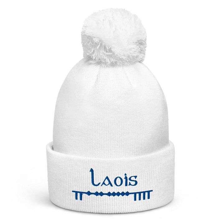 Laois Scholastic style Ogham, white with blue, embroidered Pom-Pom Beanie product image (1)