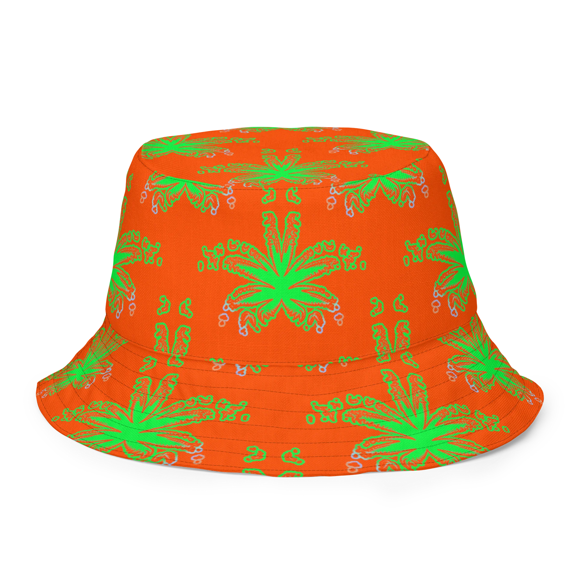 Stoner Raver Reversible Bucket Hat, Cannabis Halloween Accessory, Weird Weed Rave Wear, Orange Green Black Pot Leaf 420 Alt Festival Fashion product image (3)