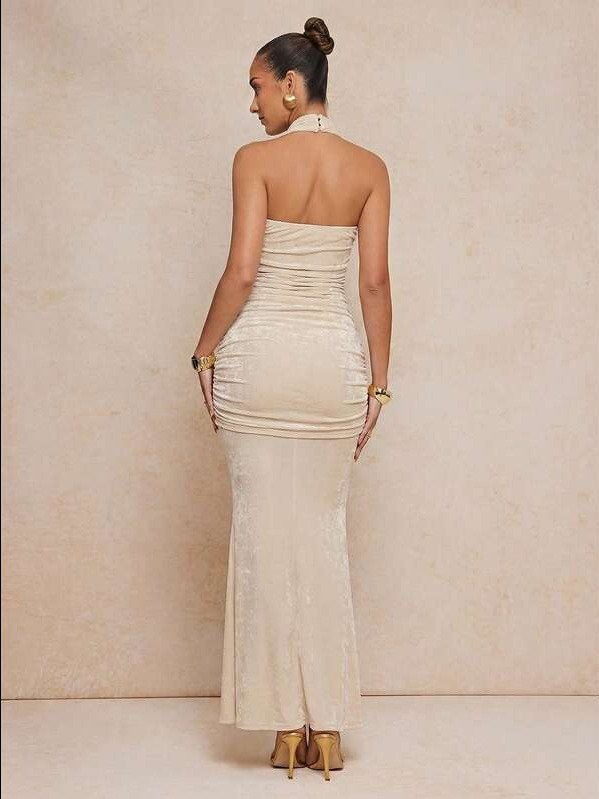 Women's Solid Color Halter Backless Front Hollow Pearl Chain Design Maxi Party Dress Zig Zag Dress,With Pearl Chain Embellishments Paired With A Ruched, Mermaid Hem Long Skirt Cream Dress product image (2)