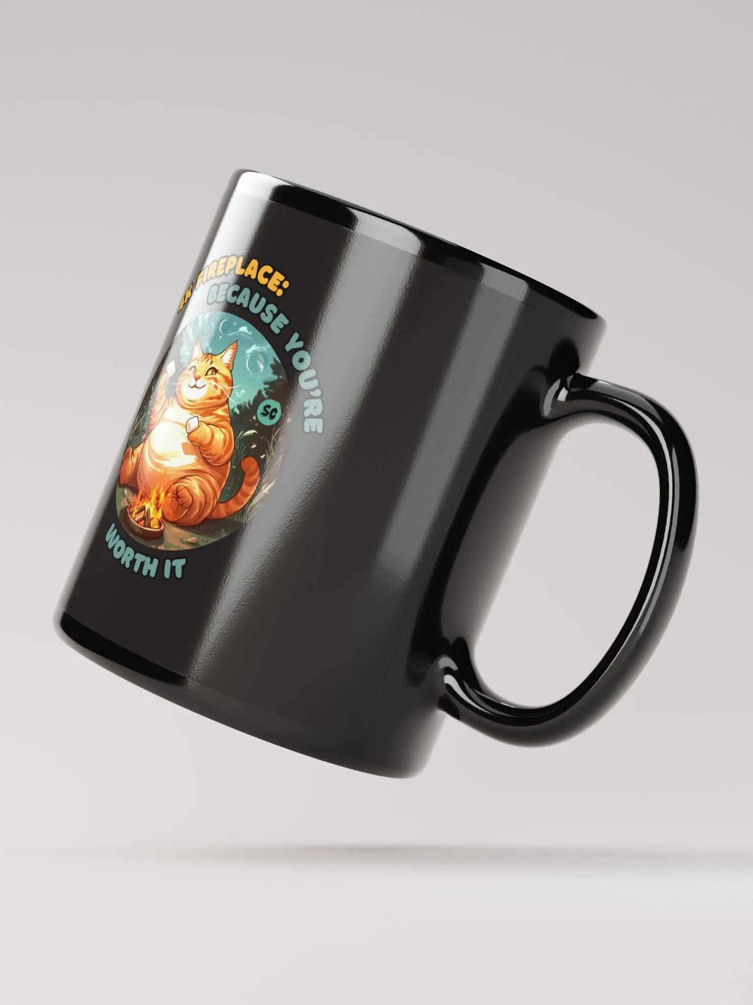 Cozy Cat - 4K Fireplace: Because You're Worth It | Black Glossy Mug product image (4)