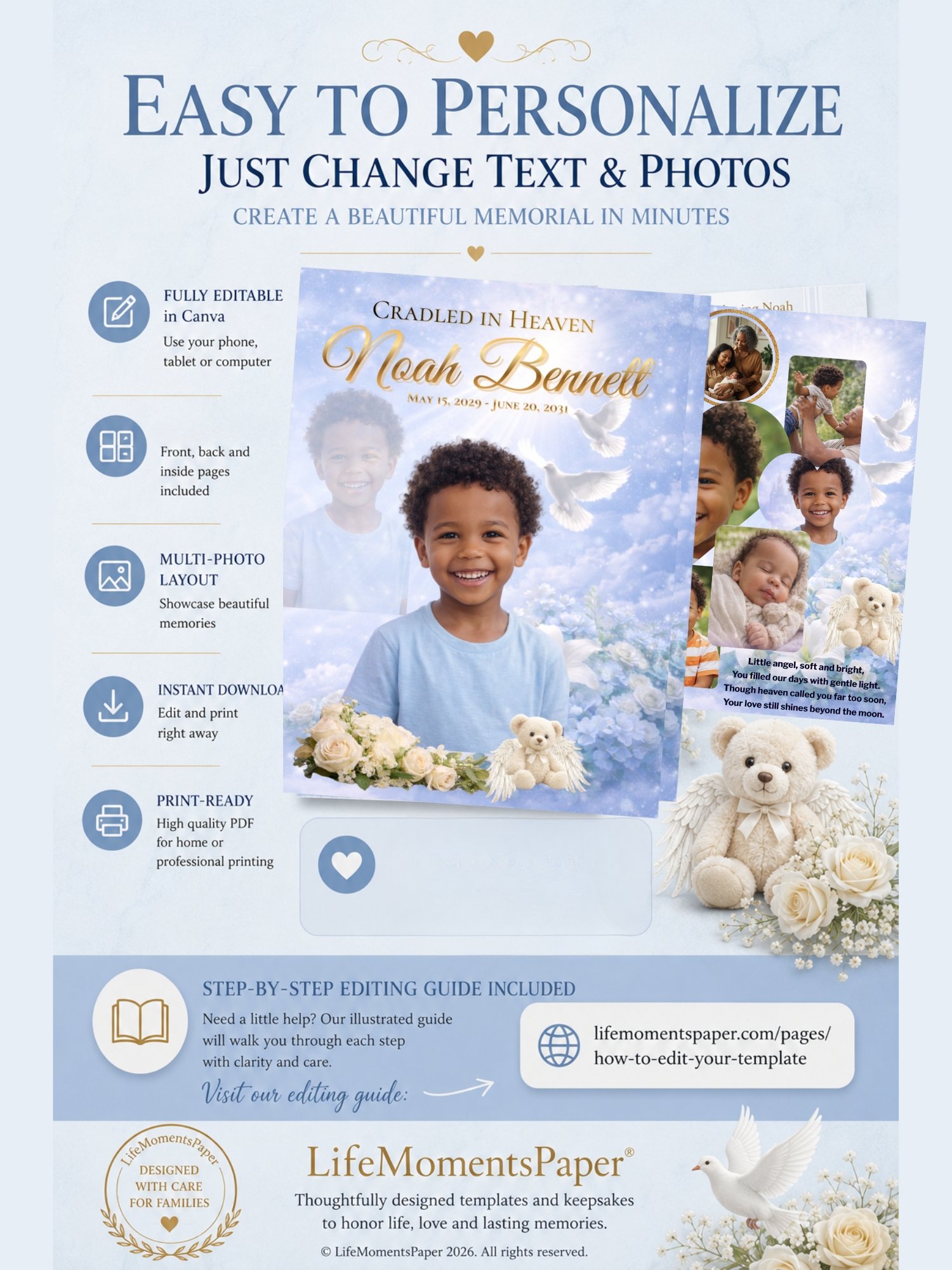 8-Page Tabloid Baby Celebration of Life Booklet - Large 17x11 Infant Funeral Program Template & 14in Legal Service (Canva) product image (3)