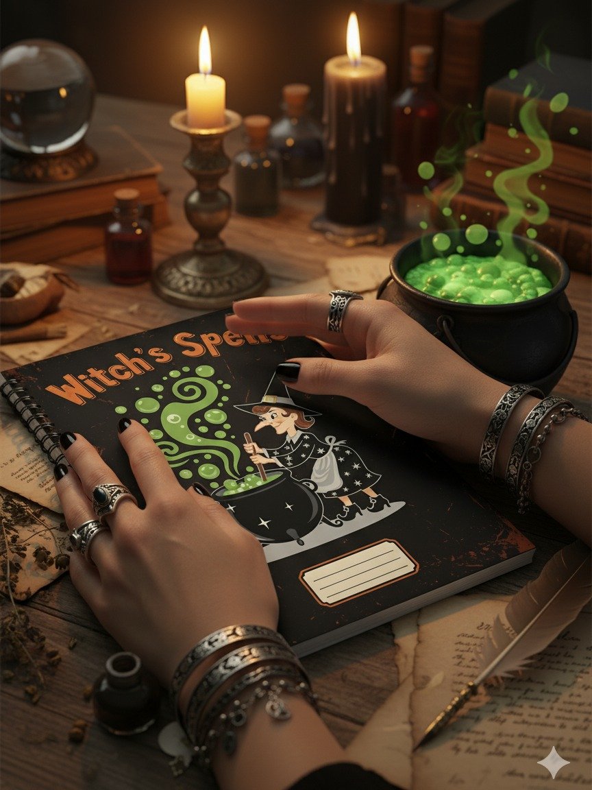 Witch's Spells Notebook Cover, Digital Download, Cute Witch Art, Magic Book PNG, DIY Journal Cover, Halloween Stationery product image (3)